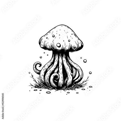 Enchanting Mushroom: A whimsical black and white illustration of nature's magic