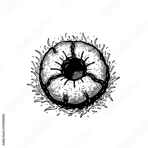 Monochrome illustration of a stylized eye with a textured iris and lashes