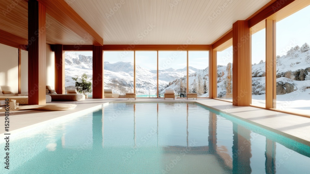 Fototapeta premium A serene indoor pool offers breathtaking views of snow-covered mountains, inviting relaxation and tranquility, emphasizing the beauty of nature and luxurious living spaces.