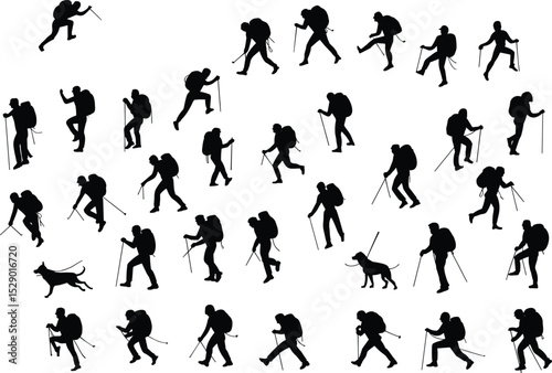Dynamic Collection of Trekkers and Hikers Silhouettes: Featuring People with Backpacks and Walking Sticks, Ideal Vector Illustrations for Outdoor Adventure, Nature, and Exploration Concepts
