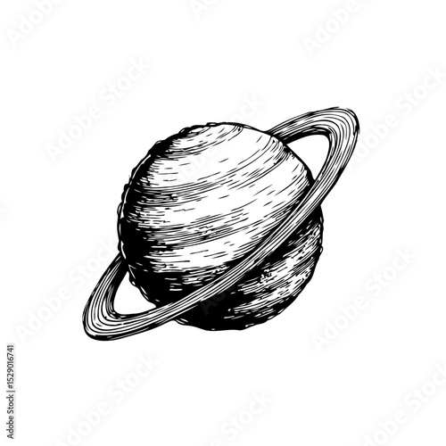 Engraving illustration: Saturn planet with rings in space, cosmic exploration concept