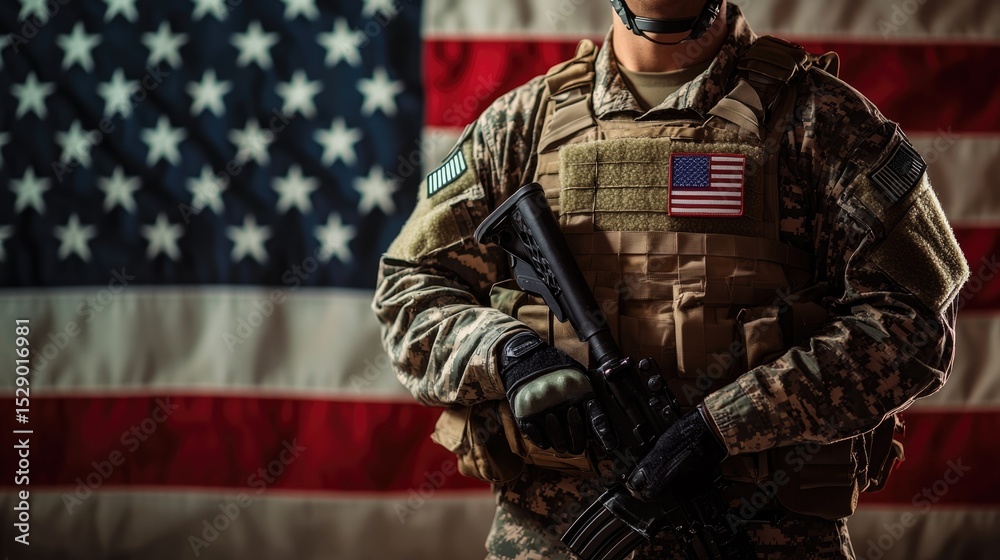 Fototapeta premium A male soldier stands in front of the American flag. He wears a military uniform with an insignia and holds a rifle. The scene conveys patriotism and strength.