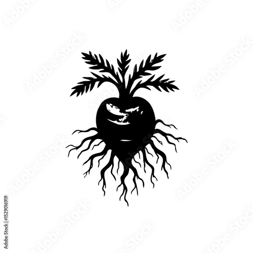 Elegant minimalist vector illustration: radish with intricate root system design