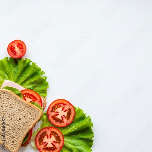 Healthy lunch concept with a fresh sandwich and its ingredients—ham, tomato, lettuce—arranged as a border with copy space
