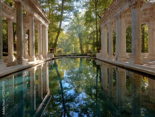 Experience Serene Tranquil Elegance of Open-Air Emerald Pavilion from Three-Quarter View Blending Nature with Architecture