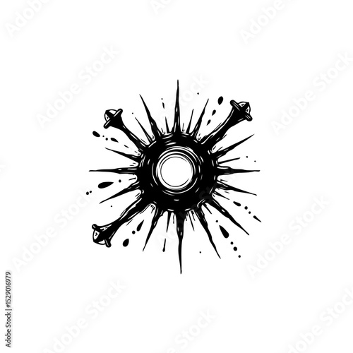 Stylized sun with dripping rays and bones evoking a dark, edgy aesthetic