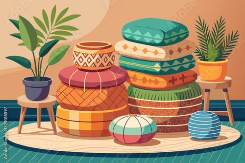vector of Stacked cushions and wicker stools that create a soothing and minimalist scene. A beautiful idea for designing...