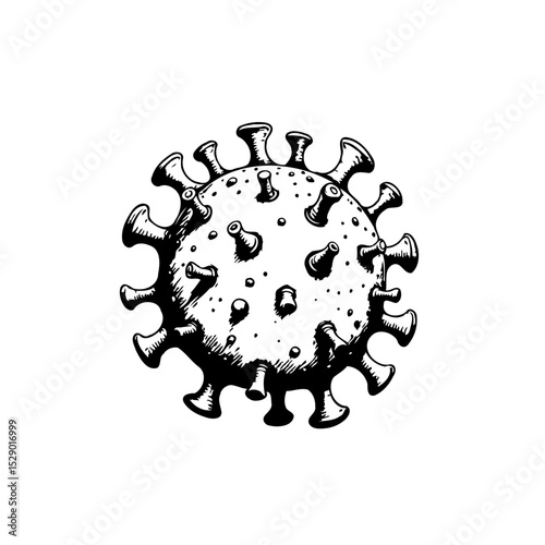 Detailed Monochrome Illustration of Coronavirus Viral Particle Structure