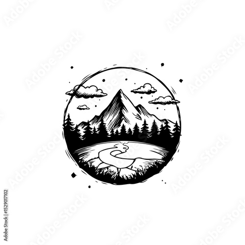 Minimalist mountain landscape illustration with river, trees, and clouds in monochrome
