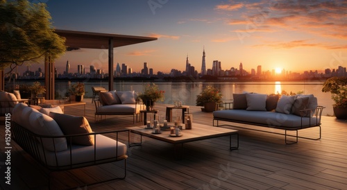 A breathtaking view of a city skyline during sunset, set from a stylish rooftop lounge with cozy seating that invites relaxation and enjoyment of urban life.
