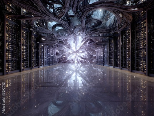 Data Bloom Unfurling in Wide-Angle Shot Showcases Techno Organic Growth Merging Nature with Futuristic Design