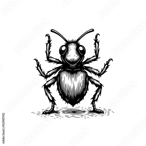 Detailed black and white illustration of an ant on a white background