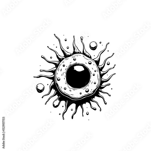 Stylized black and white drawing of a virus or cell with tentacles