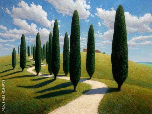 Stroll Through Serene Cypress Grove Along Winding Path Captured in Level Shot for Peaceful Inspiration