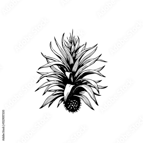 Detailed botanical illustration of bromeliad plant with intricate leaf patterns and spiky fruit