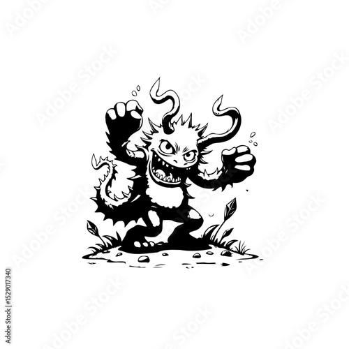 Cartoon Monster Illustration: A Black and White Isolated Creature with Spiked Silhouette