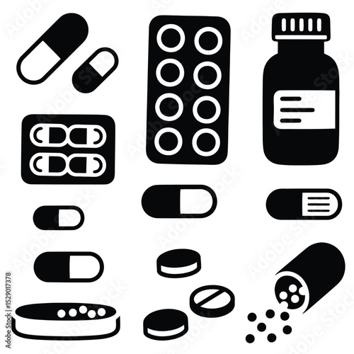 Medicine Icons Set – Pills, Capsules, Bottles, Blister Packs – Healthcare Vector Illustration