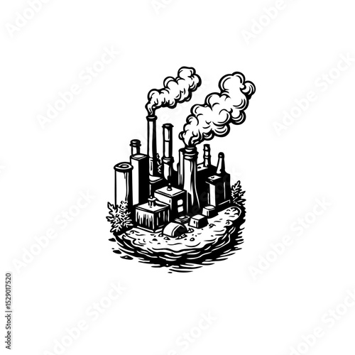 Monochromatic industrial complex illustration featuring chimneys emitting smoke on island