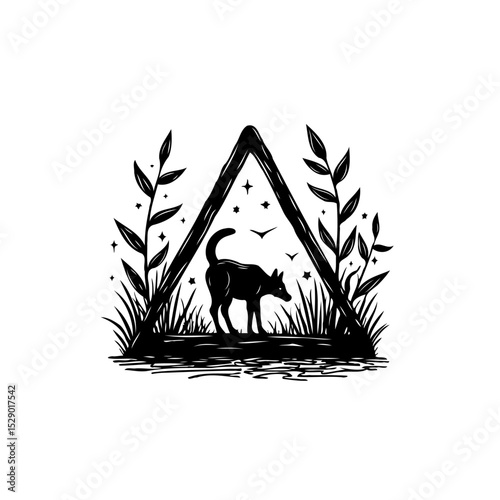 Minimalist Silhouette: Black Cat Inside Triangle Surrounded by Plants and Stars
