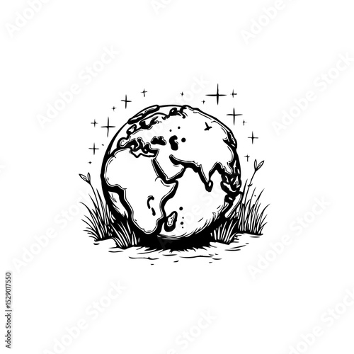 Stylized globe surrounded by grass and stars in a black and white illustration