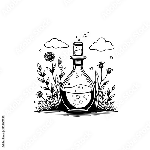 Apothecary vessel amidst nature: Black and white illustration with floral elements