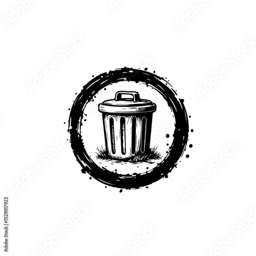 Stylized Trash Can Icon with Grunge Circle Frame for Environment and Recycling Themes
