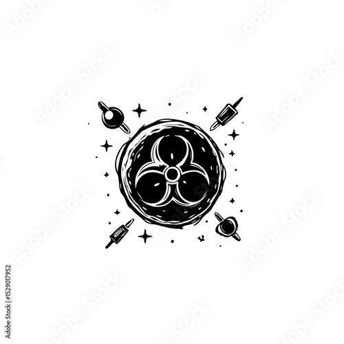 Biohazard symbol with syringes, representing danger, contamination and medicine