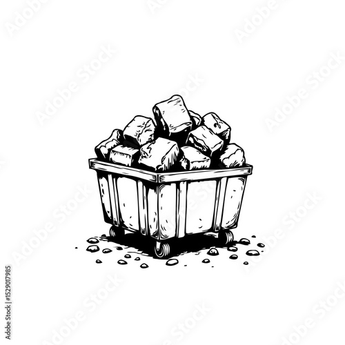 Illustration of a full mine cart loaded with coal on a white background