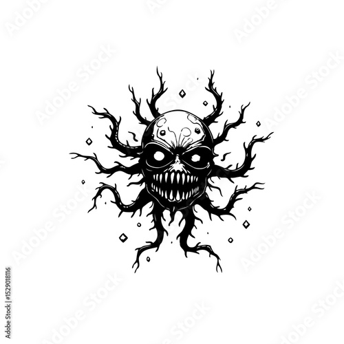 Creepy Tree Skull with Branches: A Halloween-Inspired Black and White Graphic