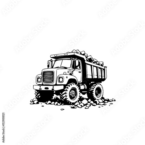 Illustration of a Heavy-Duty Dump Truck Carrying Rocks on a White Background