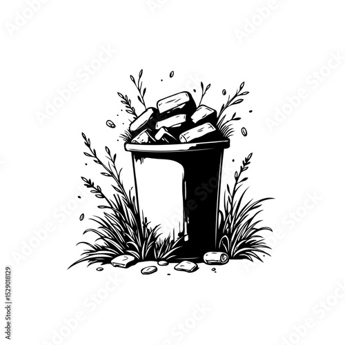 Overflowing trash can with leaves and trash illustrating an environmental issue