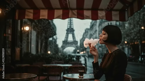Elegant Woman Smoking in a Parisian Cafe with the Eiffel Tower in the Background