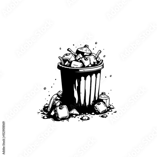 Monochrome illustration showcasing a overflowing trash bin with plastic and waste