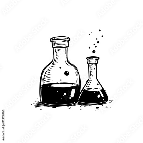Elegant sketch of laboratory beakers filled with mysterious fluid and floating particles