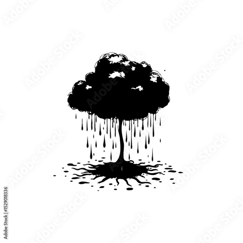 Monochrome image depicting a surreal, dripping tree against a stark white backdrop
