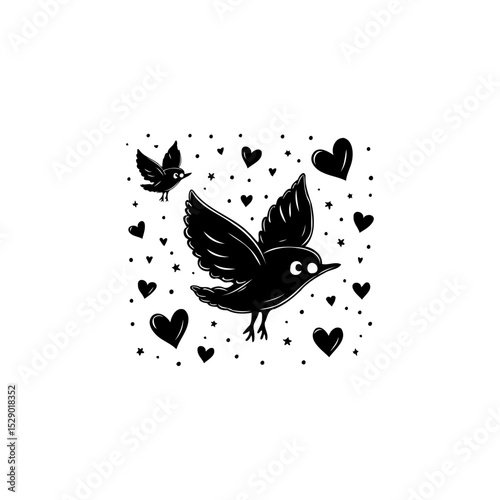 Two cute birds flying with hearts and stars, illustration design for Valentine's Day