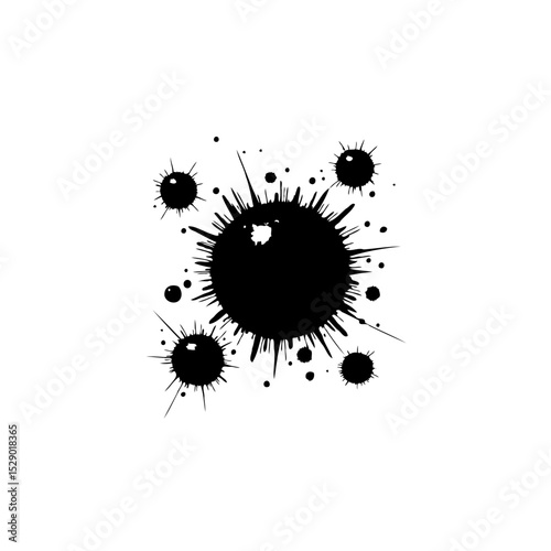 Abstract Ink Splatter Design: Black Inkblots and Dripping Elements on White Background