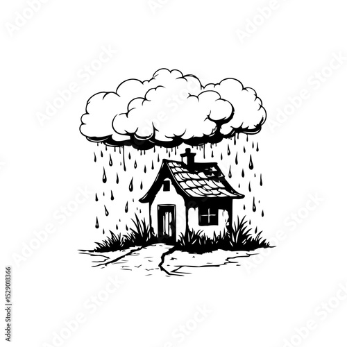 Conceptual illustration of a house under a storm cloud representing vulnerability and hardship