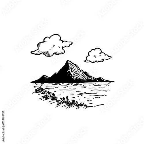 Minimalist Black and White Mountain Landscape Illustration with Clouds and Water Scenery