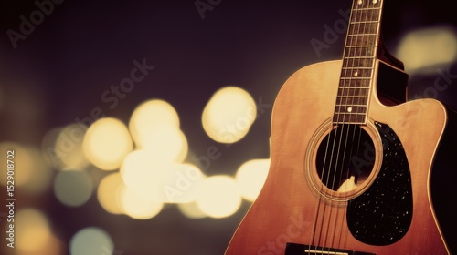 A warm light-brown wooden acoustic guitar with glossy finish and visible strings, featuring a black pickguard near the circular sound hole, stands prominently against a dark background with soft bokeh photo