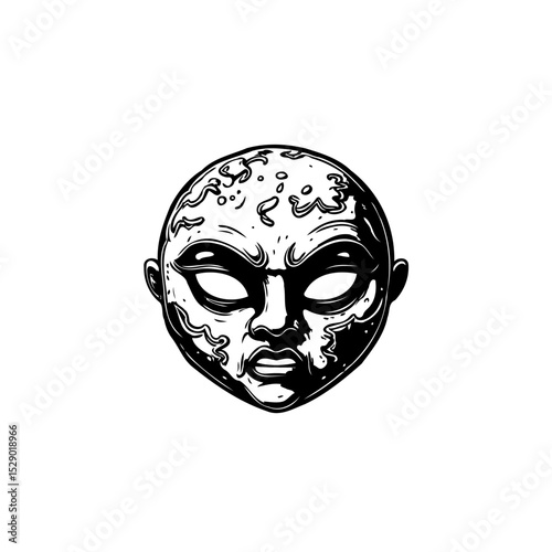 Monochrome illustration of an angry, alien-like face with distinct features