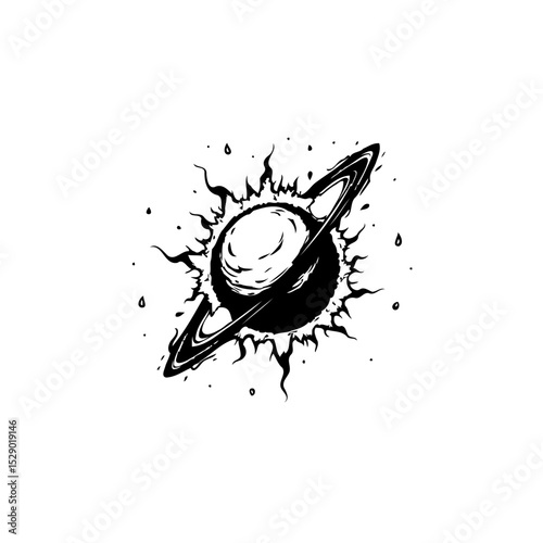 Dramatic Black and White Illustration of Saturn with a Dark Energetic Aura