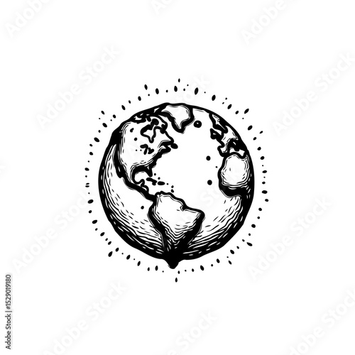 Monochrome hand-drawn globe illustration conveying global connection and cartography