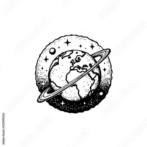 Monochrome cosmic earth planet illustration with rings and starry background