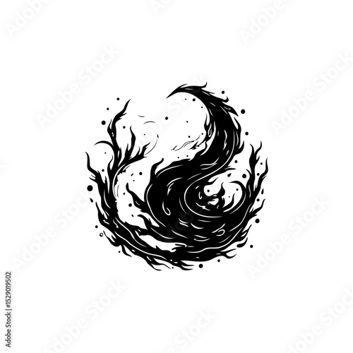 Mystical abstract swirl design featuring black and white ink illustration for design elements
