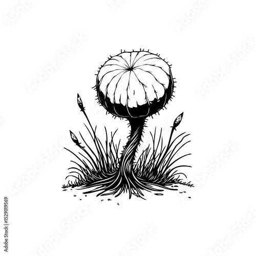 Monochrome fantasy illustration of a surreal plant in a dreamlike landscape