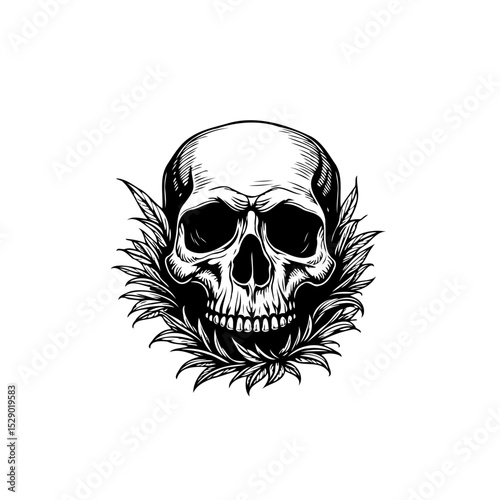 Detailed black and white drawing of a human skull surrounded by leaves