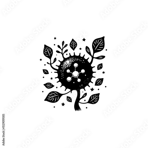 Monochrome symbolic drawing of a blossoming virus with leaves and stars around it