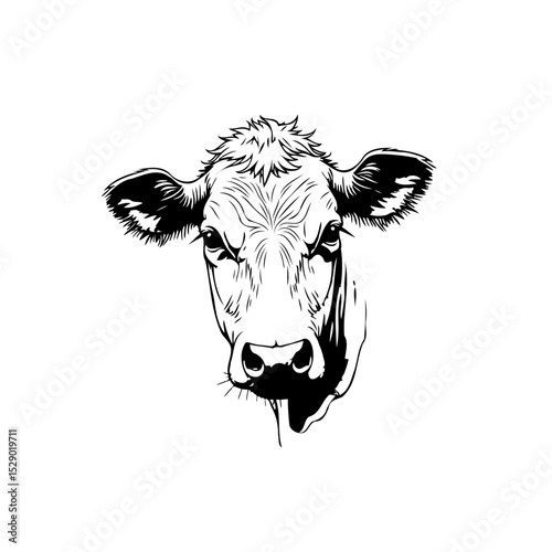 Elegant monochrome depiction of a cow's head, showcasing detailed line work and shading