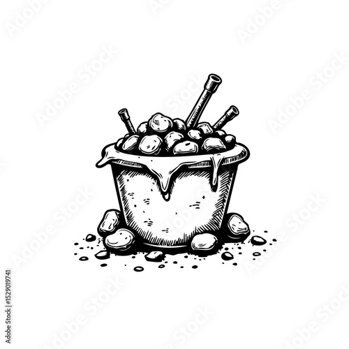 Stylized Monochrome Sketch of a Stone Pot Overflowing with Smooth Rounded Stones